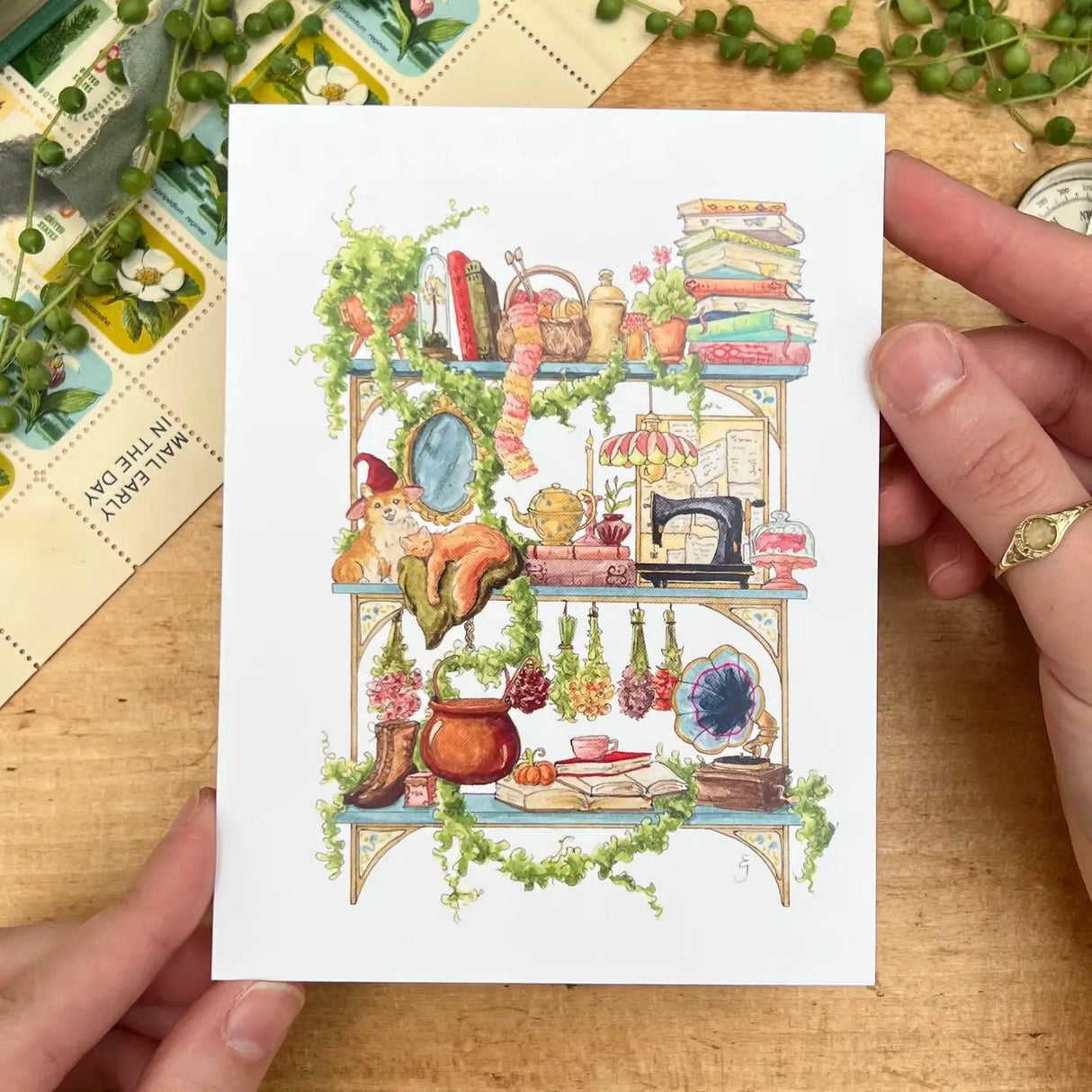 Postcard featuring my original watercolor and ink illustration of the various magical creatures and enchanting items found on the shelves of a hedge witch, including a talkative corgi, napping cat, and gramophone that plays any song you can think of.