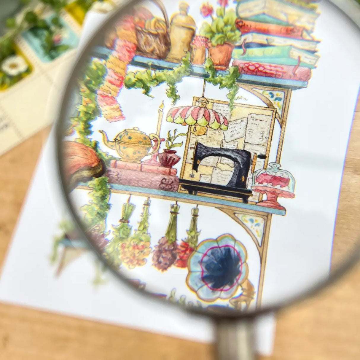 Postcard featuring my original watercolor and ink illustration of the various magical creatures and enchanting items found on the shelves of a hedge witch, including a talkative corgi, napping cat, and gramophone that plays any song you can think of.