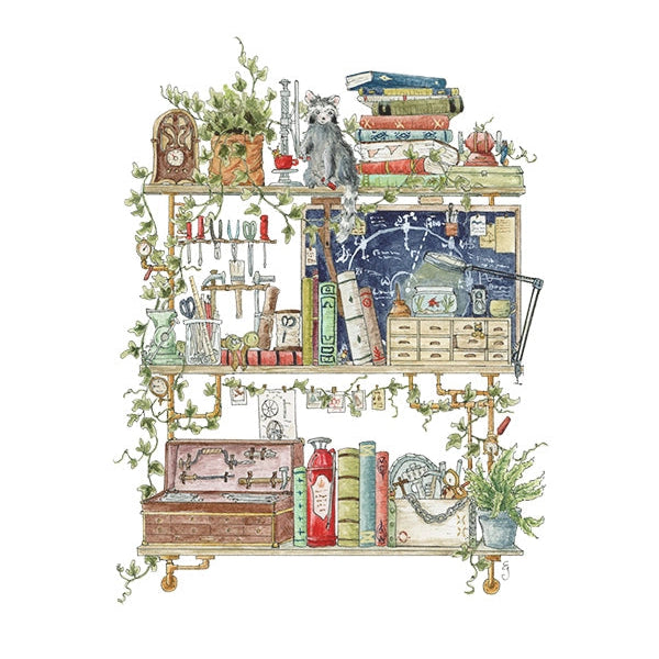 Postcard featuring my original watercolor and ink illustration of the oddities, books, and tools tucked away in the shelves of a vintage inventor, including an assortment of tiny robots, a fire extinguisher, and a raccoon who is definitely not certified to operate the drill press.