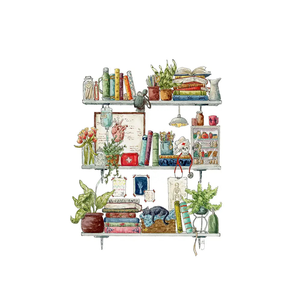 Postcard featuring my original watercolor and ink illustration of the vintage oddities and books tucked away in the shelves of a vintage nurse, including a quintessential nurse’s hat, assortment of plants, and a stethoscope.
