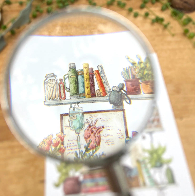 Postcard featuring my original watercolor and ink illustration of the vintage oddities and books tucked away in the shelves of a vintage nurse, including a quintessential nurse’s hat, assortment of plants, and a stethoscope.