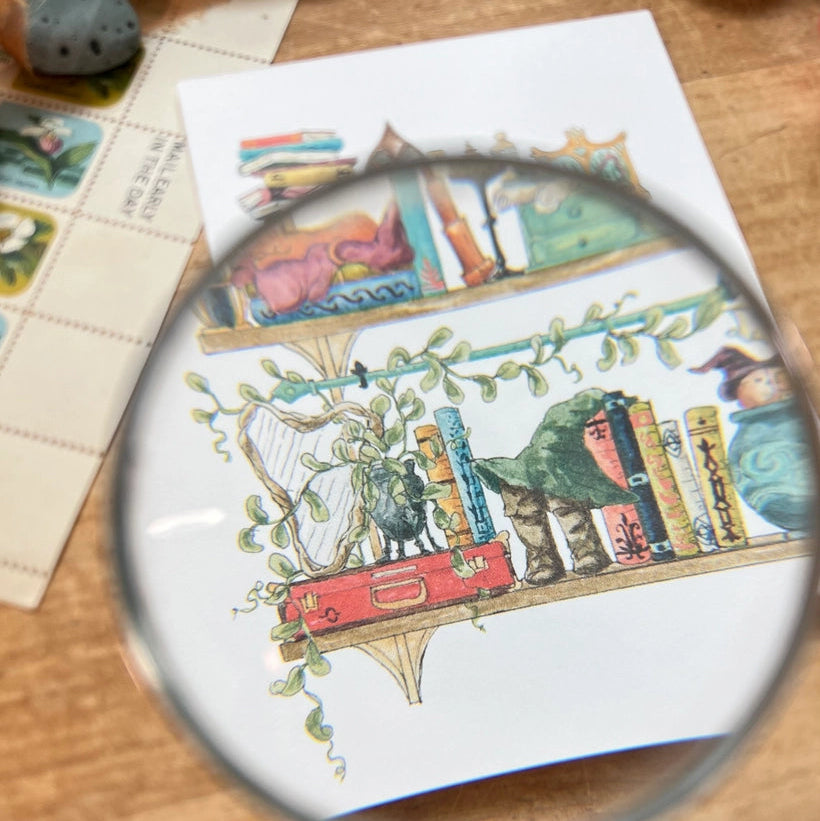 Postcard featuring my original watercolor and ink illustration of the oddities, books, tools, and trinkets tucked away in the shelves of a sea witch, including a sea otter relaxing in a cauldron with a good book.
• Printed on high quality card stock
• Each postcard measures 4.25 x 5.5" (A2)