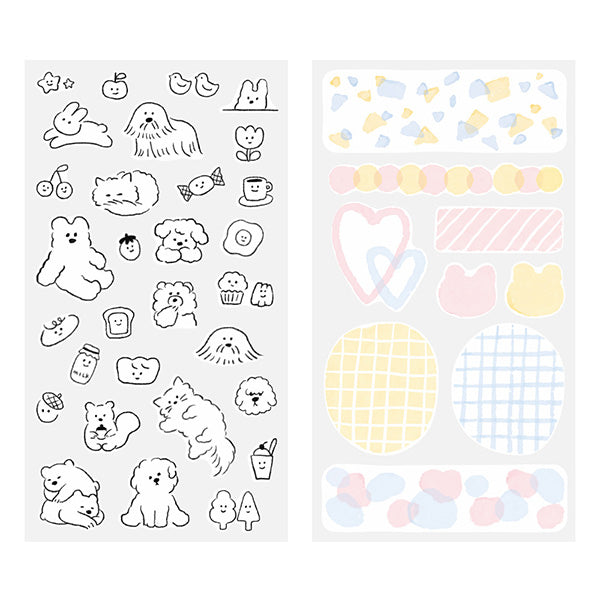 The "loose motif pattern" is a collection of motifs such as cats, dogs, and food with soft and gentle expressions.
A wide variety of sticker designs to use with your notebook
These peel-and-stick washi stickers will make your daily records more fun. Simply stick them freely on the margins of your notebook to create a gorgeous page. It comes in a pack of 2 sheets, a small size that is perfect for monthly blocks and a large size that is convenient for filling in the blanks.