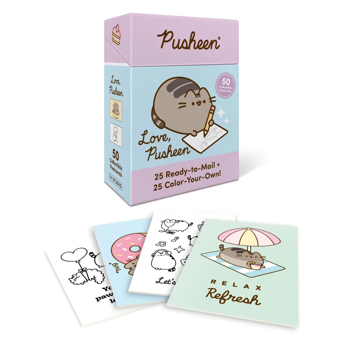 Mail from Pusheen! Brighten up family and friends mailboxes (or decorate your space) with these adorable postcards featuring artwork of everyones favorite feline, Pusheen.
Includes 50 postcards (3-3/4" x 5-1/2") of Pusheen, Stormy, Pip, Sloth, and all their friends, as well as other fun elements from Pusheens world
25 Ready-to-Mail Postcards + 25 Color-Your-Own Postcards: 25 postcards are fully illustrated with adorable scenes of Pusheen and her friends + 25 feature color-your-own designs for coloring fun