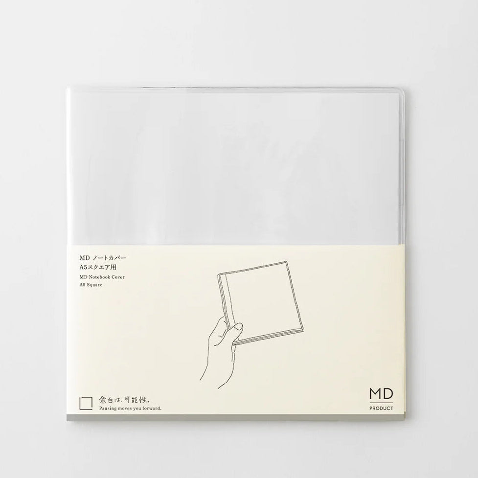 A transparent cover that fits snugly around your MD Notebook
This is a special cover that gently wraps your MD Notebook. The transparent cover protects the notebook from dirt without ruining its appearance.
It subtly protects your notebook from water and dirt without interfering with its characteristics. If you put the cover on with the glassine paper still wrapped around it, the inorganic feel of the vinyl will be softened.
Because it is transparent, you can enjoy the cover design, illustrations, and writ