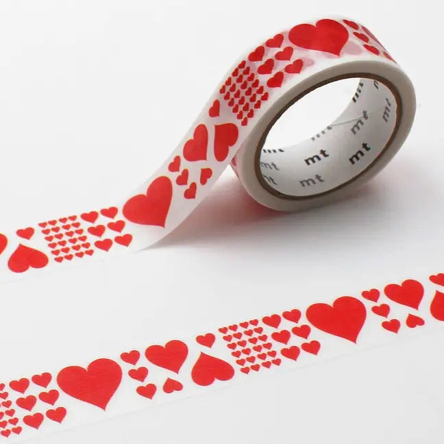 MT Washi Tape - Heart Red
mt is the original washi masking tape, made in Japan by Kamoi Kakoshi. mt is colourful tape which is easy to tear by hand and reposition on nearly any surface. Write on it, layer it, and use it on paper, gifts, objects or the wall (mt won't damage paint - why not make a tape collage?) mt washi masking tape is now sold throughout the world in hundreds of colours and patterns.
Enjoy mt as a part of your daily life, adding a little colour everywhere.
All tapes are 15mm x 7m (0
