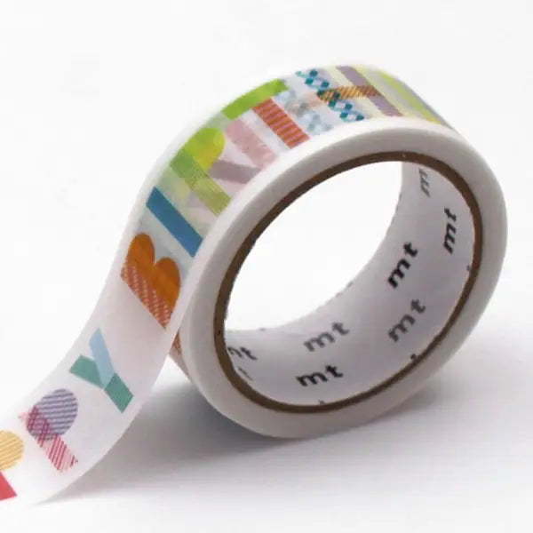 MT ex Washi Tape - Happy Birthday
mt is the original washi masking tape, made in Japan by Kamoi Kakoshi. mt is colourful tape which is easy to tear by hand and reposition on nearly any surface. Write on it, layer it, and use it on paper, gifts, objects or the wall (mt won't damage paint - why not make a tape collage?) mt washi masking tape is now sold throughout the world in hundreds of colours and patterns.
Enjoy mt as a part of your daily life, adding a little colour everywhere.
All tapes are 15mm x 7m