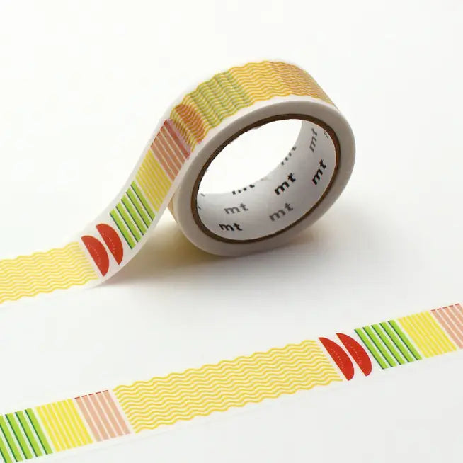 MT ex Washi Tape - Hiyashi Chuka Graphic
mt is the original washi masking tape, made in Japan by Kamoi Kakoshi. mt is colourful tape which is easy to tear by hand and reposition on nearly any surface. Write on it, layer it, and use it on paper, gifts, objects or the wall (mt won't damage paint - why not make a tape collage?) mt washi masking tape is now sold throughout the world in hundreds of colours and patterns.
Enjoy mt as a part of your daily life, adding a little colour everywhere.
All tapes are 15