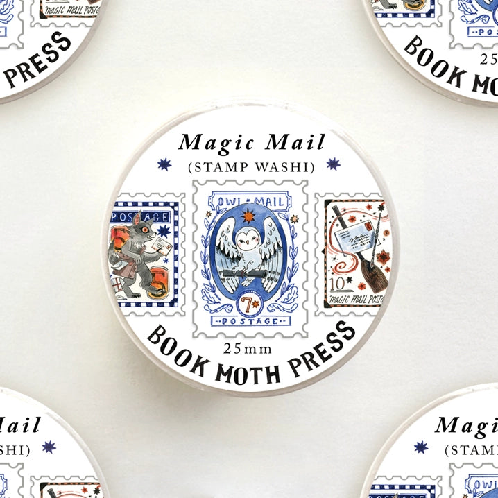 Who wouldn't want to get some mail delivered by owl or werewolf or a sweet witch on a broom? These designs were made with the idea of postage from a magical world where the mail was delivered in a much more interesting way.
Measuring 25mm in width, this tape is the perfect accessory for adding a touch of magic to your projects.