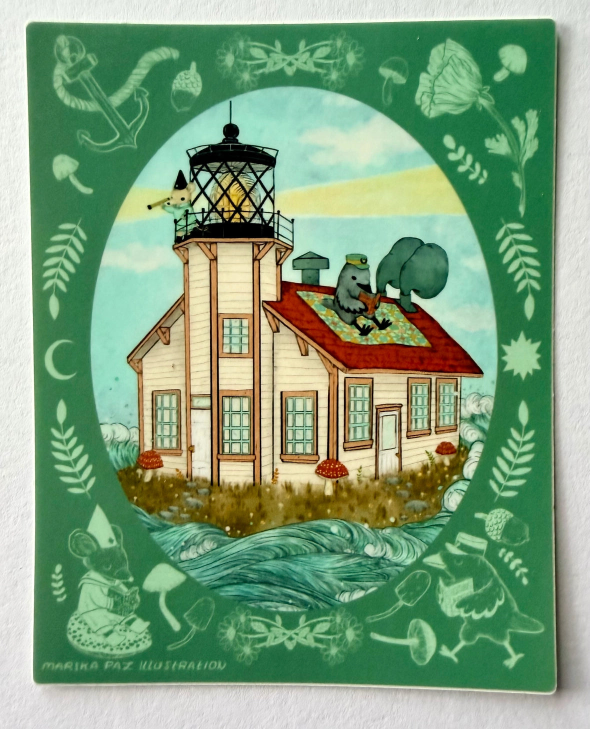 A raven and mouse attend to their lighthouse amongst the waves.
This vinyl matte sticker is weather and waterproof-stick it on a notebook, bike, or car- it's going to stick around! Heck, throw it on a water bottle and through the dishwasher. This sticker can go anywhere. Sticker measures 4.5" x 4.5" Printed in USA.
