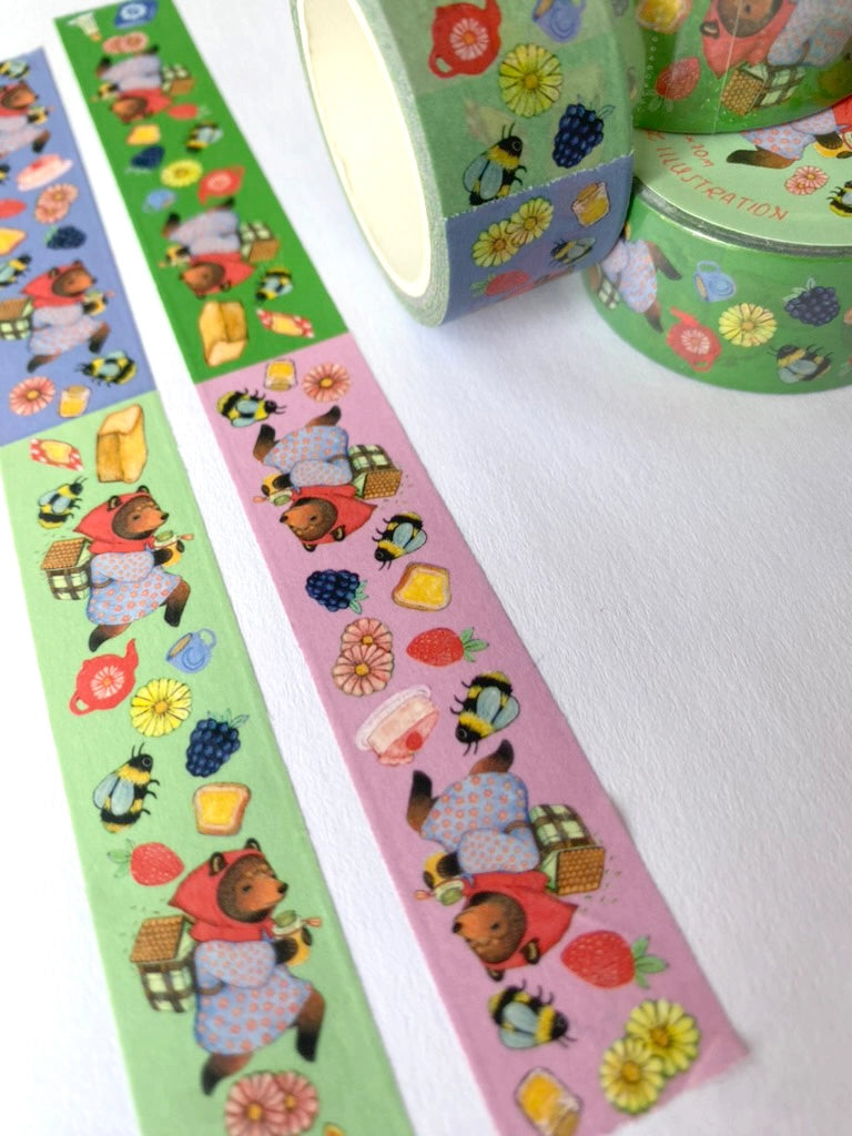 A Bee Keeper bear keeps watch over their bees. Bee Keeper Washi Tape.
Each tape rotates through four designs on four different colors.
Tape is 20mm x 10m.
Includes one roll of washi tape