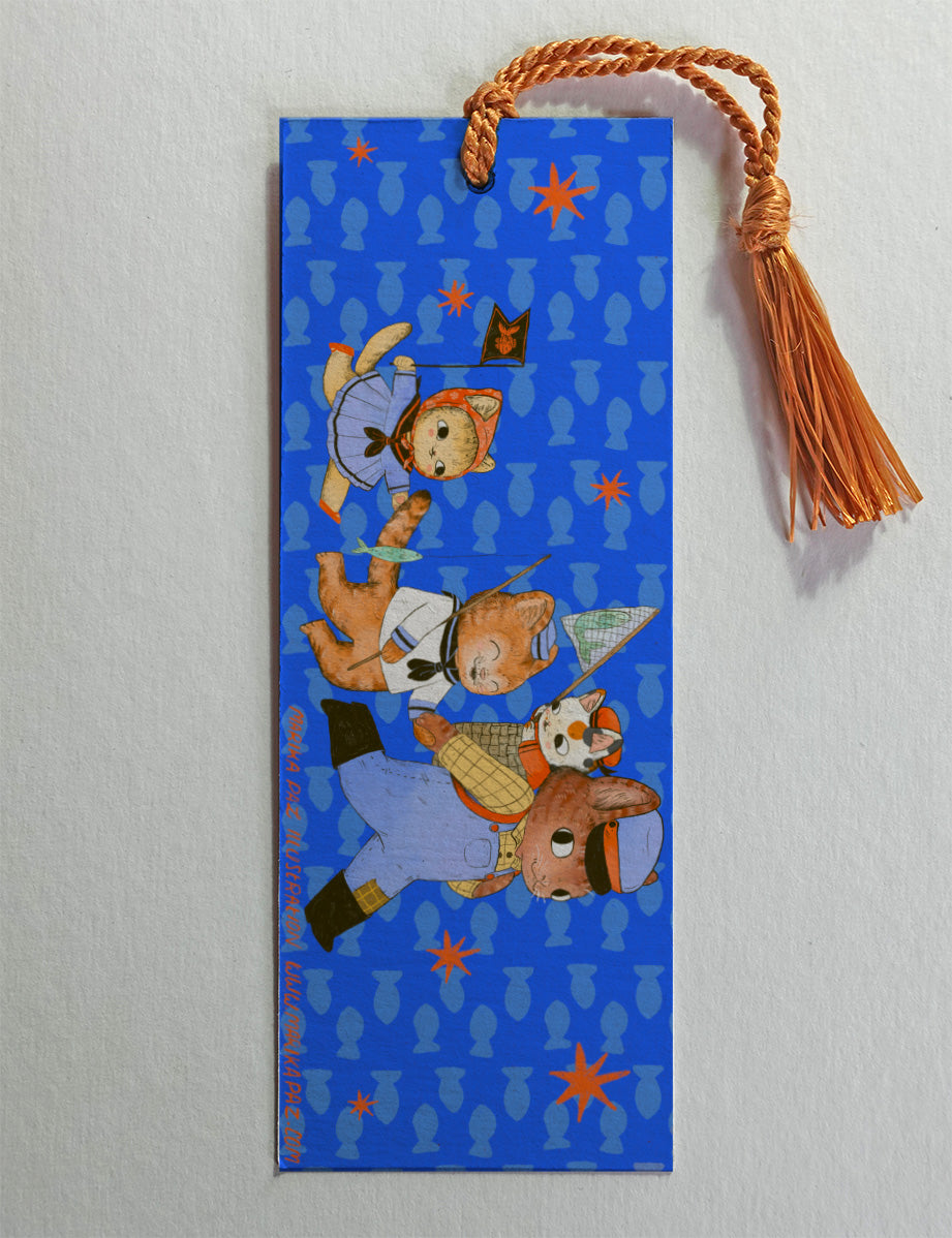 These kitten are out fishing! This bookmark has the same image on both sides.
Printed on heavy cardstock and comes with a tassel, these bookmarks measure 2x6 inches.
Printed in USA