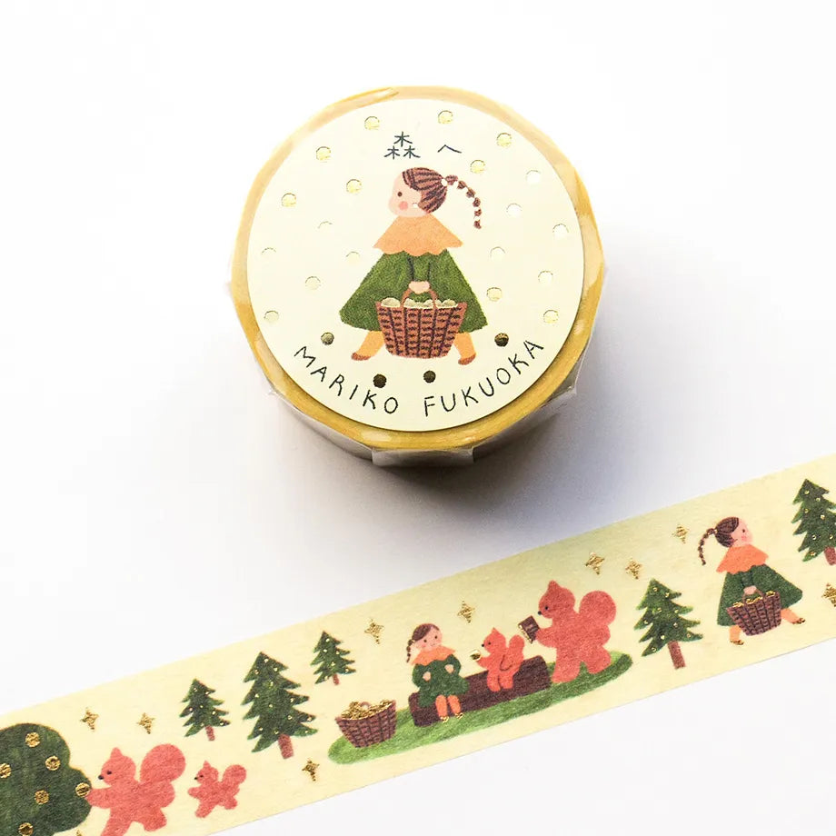 Illustrator Mariko Fukuoka's cute foil-embossed masking tape.
In the forest, a woman and squirrel, are gathering nuts and having a tea party. The sparkling gold foil stamping adds a design accent. Cut short to use as stickers, or as a pop point in wrapping or decoration.
✨ Product Features
Gold foil stamping for a subtle, elegant shine
Perfect for decorating planners, journals, cards, gifts, and scrapbooks
High‑quality Cozyca Products washi tape
Size: 20 mm × 5 m