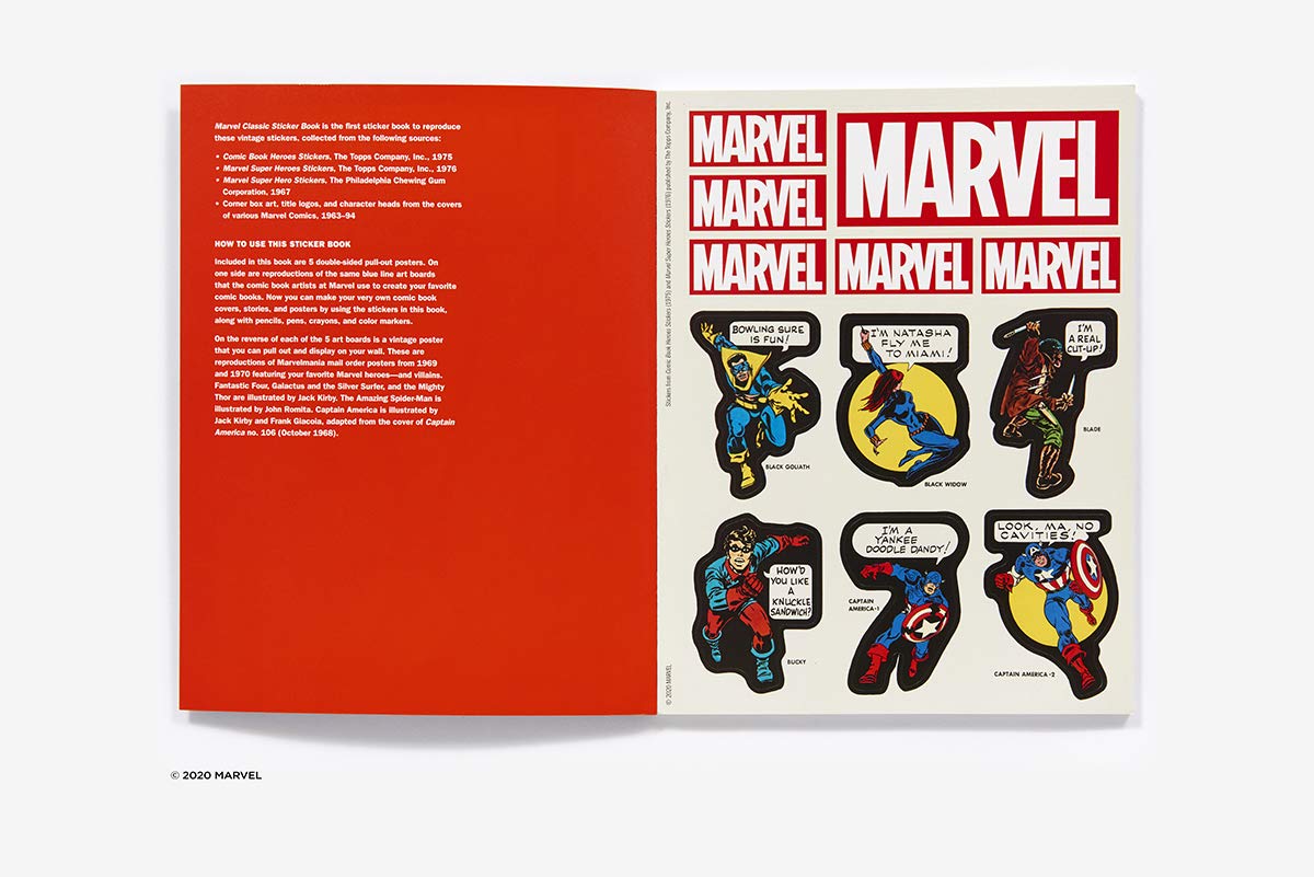A super gift for fans, this book contains more than 200 vintage stickers featuring Marvel’s classic heroes and villains!
The Marvel Classic Sticker Book is the first to feature iconic, vintage stickers, including images from the comics and trading cards. Showcasing all of your favorite heroes and villains, the book includes five double-sided pull-out posters so you can make your own unique sticker creations on one side or create your own posters and comics on the other.
Whether you are a lifelong Ma