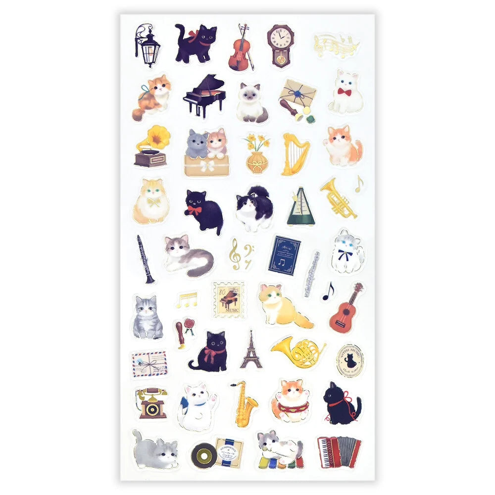 Mattari Animals Kitten x Music Sticker Sheet
These are transparent stickers with cute relaxed animals and shining gold leaf.
I drew cats playing pranks on instruments and relaxing freely. Perfect for any journal or planner.
Height 165× Width 90mm
Transparent Stickers
Sticker Gold Foil Stamping Finish
Pattern Backing Card