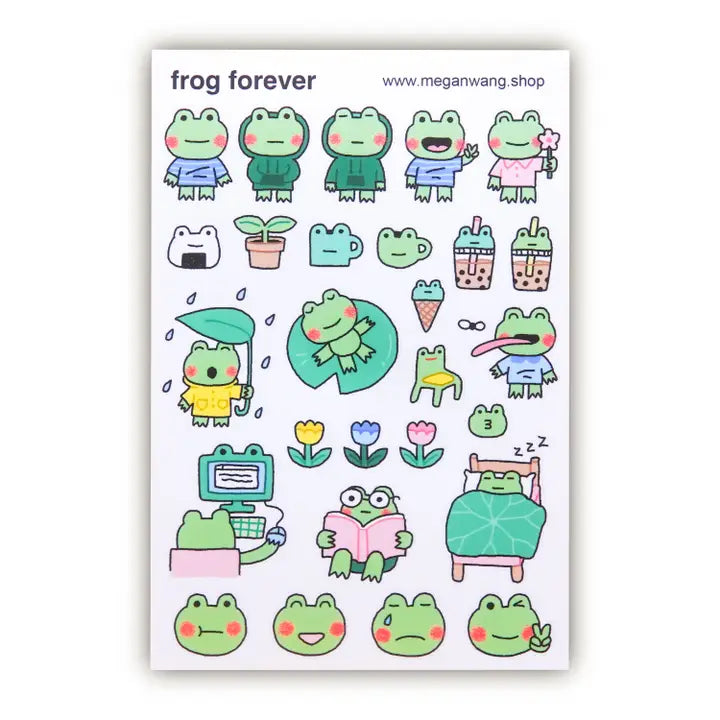 Explore the Frog Forever sticker sheet from Megan Wang.
As an illustrator known for her fun cat-themed creations, Megan adds a unique touch to your stationery routine.
This sticker sheet measures approximately 4"x6" and is a clear PET material.
Enhance your journaling with these unique stickers!