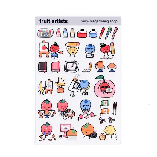 Explore the Fruit Artist sticker sheet from Megan Wang.
As an illustrator known for her fun cat-themed creations, Megan adds a unique touch to your stationery routine.
This sticker sheet measures approximately 4"x6" and is a clear PET material.
Enhance your journaling with these unique stickers!