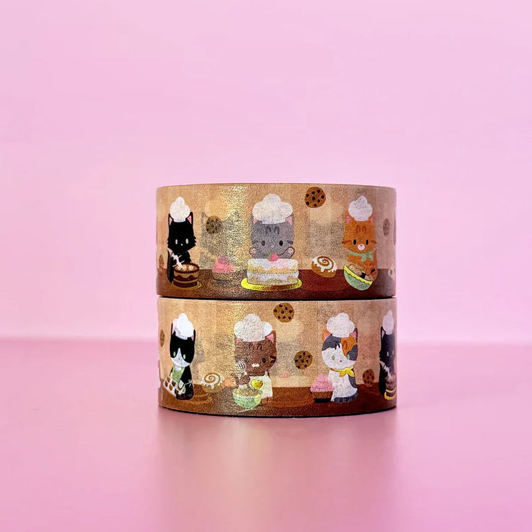 Adorable bakery cats washi tape, with small details of gold foil. Ideal for journaling, scrapbooking, and craft projects.
Gold Foil Details
One 10-meter long roll of washi tape
20mm wide, 32mm paper core
