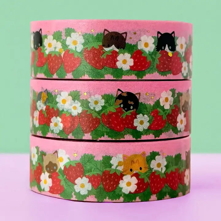 Adorable cats in strawberry field, with small details of gold foil. Ideal for journaling, scrapbooking, and craft projects.
Gold Foil Details
One 10-meter long roll of washi tape
20mm wide, 32mm paper core
Colors might vary just a bit from your screen.