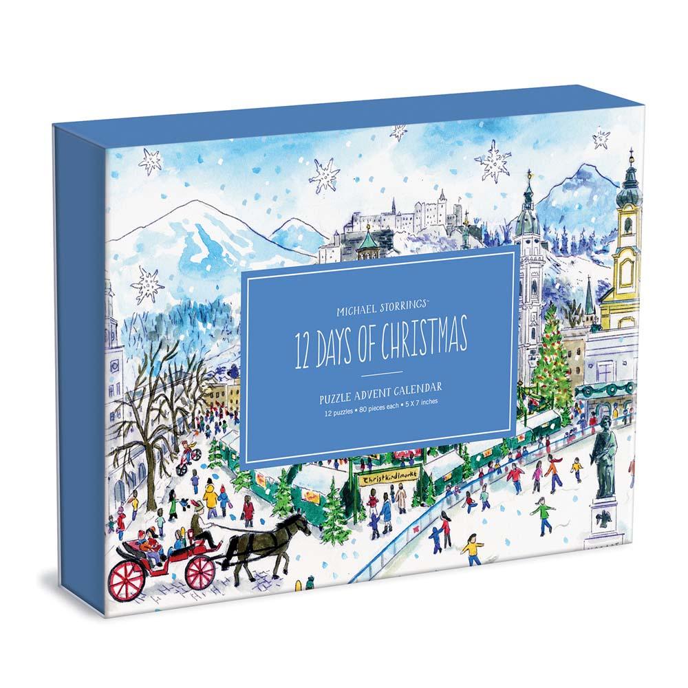 Award-winning designer, illustrator, and creative director Michael Storrings captures the spirit of the holiday season all over the world with twelve illustrations; one each on twelve 80-piece puzzles. One puzzle a day for the 12 days of Christmas. Galison puzzles are packaged in matte-finish sturdy boxes, perfect for gifting, reuse, and storage. Inserts of the 12 full puzzle image is included.
Box Size: 11.25 x 8.25 x 5.25”, 286 x 210 x 133 mm
Twelve 80 Piece Puzzles; 5 x 7”, 127 x 178 mm
Includes 12 Puzz