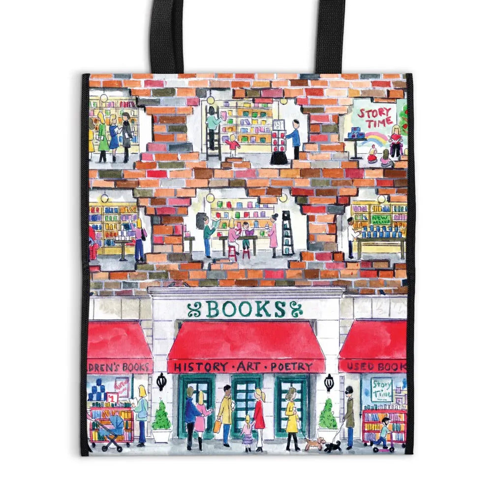 The Michael Storrings 'A Day At The Bookstore' Reusable Tote from Galison features the wonder and delight that can be found inside a bookstore. This tote is a great low-price alternative to single-use plastic bags.