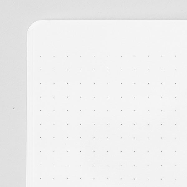 Stitcher-bound notebook for casual use. The inner paper is made of paper that matches the cover, so you can enjoy your favorite paper and pen color combination.
The popular 5mm dot graph inner paper is "MD paper" that is easy to write on regardless of pen. The dot grid serves as a subtle guide when writing letters and illustrations, and makes it easier to apply stickers and photos neatly.
A calm design that is easy for adults to hold. The dull color cover has a discreet foil stamping p