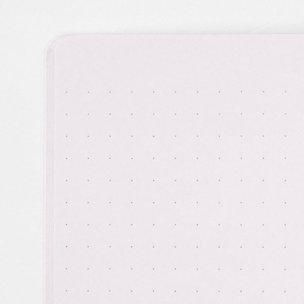 Stitcher-bound notebook for casual use. The inner paper is made of paper that matches the cover, so you can enjoy your favorite paper and pen color combination.
The popular 5mm dot graph inner paper is "MD paper" that is easy to write on regardless of pen. The dot grid serves as a subtle guide when writing letters and illustrations, and makes it easier to apply stickers and photos neatly.
A calm design that is easy for adults to hold. The dull color cover has a discreet foil stamping p