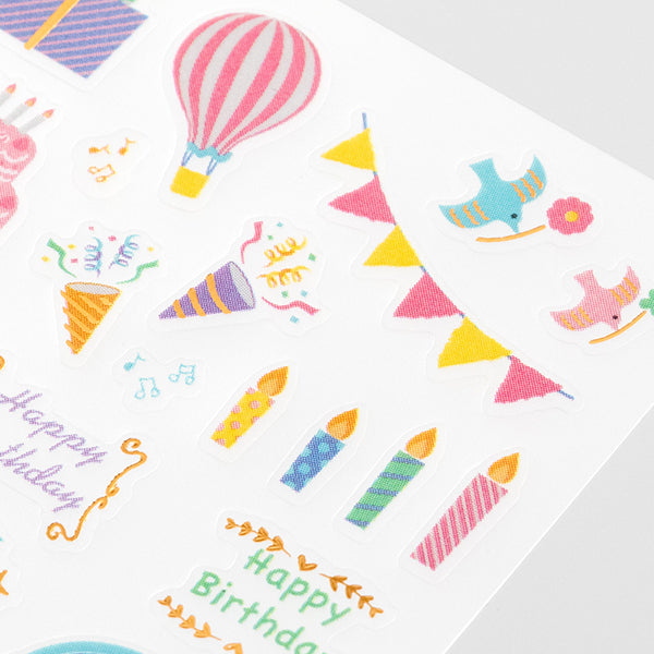 Midori Sticker Sheet - Anniversary Birthday
"Anniversary Stickers" are stickers that decorate birthdays and other anniversaries in a lively manner. In addition to monthly blocks, it can also be used as a point such as a weekly page or diary. The "Birthday Pattern" can be used to decorate birthdays with gorgeous stickers filled with foil. If you use a combination of large stickers such as cakes and decorative stickers, it will be more lively!