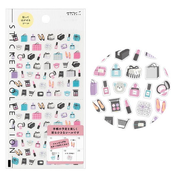 Midori Sticker Sheet - Shopping
The "shopping pattern" is a design that evokes the image of fun shopping, mainly cosmetics. It is put together in a cute and calm tone.