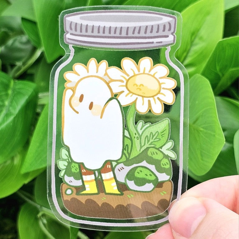 Daisies and a ghost in a mason jar on translucent sticker film!
This cute sticker is perfect for decorating your laptop, phone case, or skateboard, and including in your sticker book!