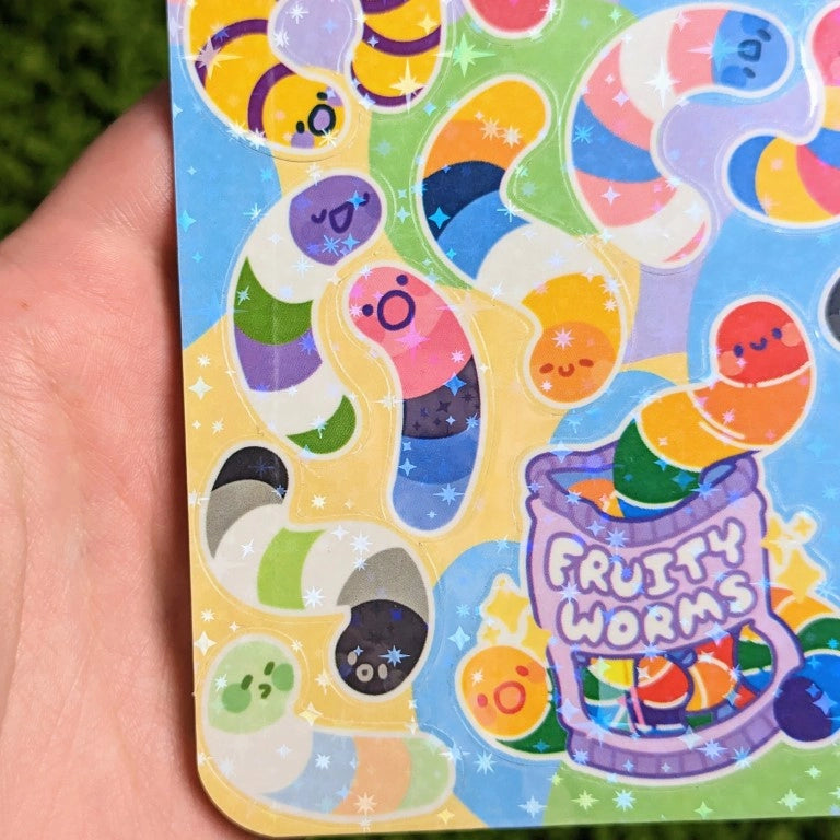 ❤ Fruity Worms Sparkly Pride Sticker Sheet ❤
♡ These worms are perfect for decorating your sketchbook cover, laptop, phone case, skateboard, and more!