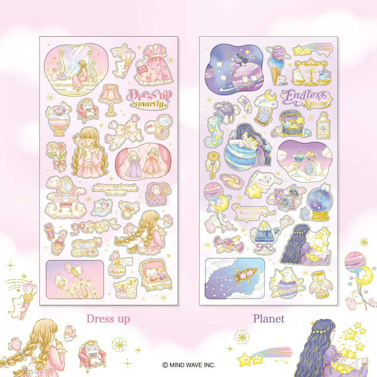 This series is filled with wishes to make your everyday life more wonderful so you can stay cute. The stickers use elegant lustrous pearl paper, finished with delicate gold foil stamping throughout.
• This package includes 1 sheet of sticker
• Material: Paper
• Package measures approx. 7" x 3.5"
• Made in Japan