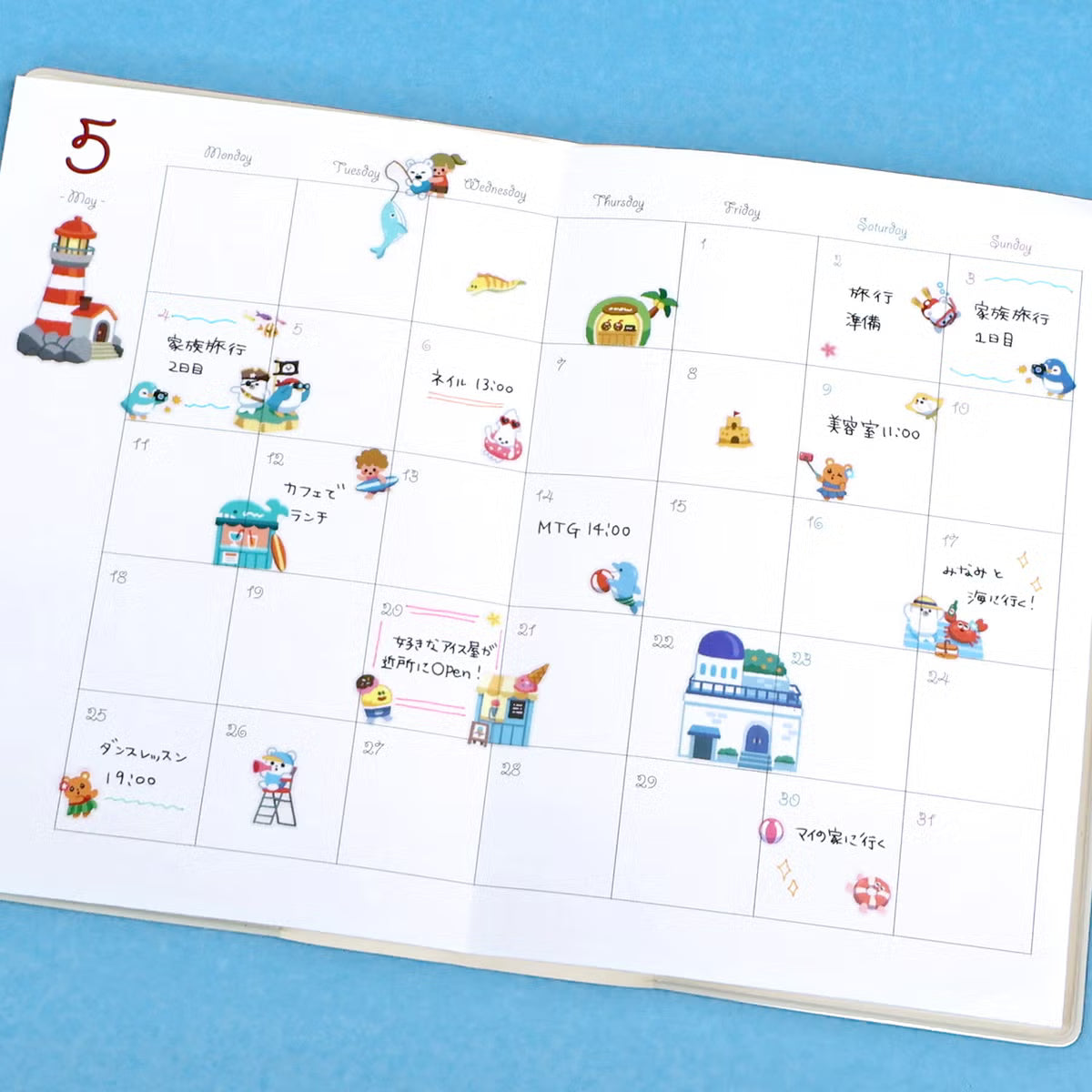 A sticker sheet that depicts the various fun activities that take place on the sea, featuring many sea animals! The plump form and childlike humorous expression will make you feel like you've stepped into the world of a game, a bright and colorful addition to your pages.