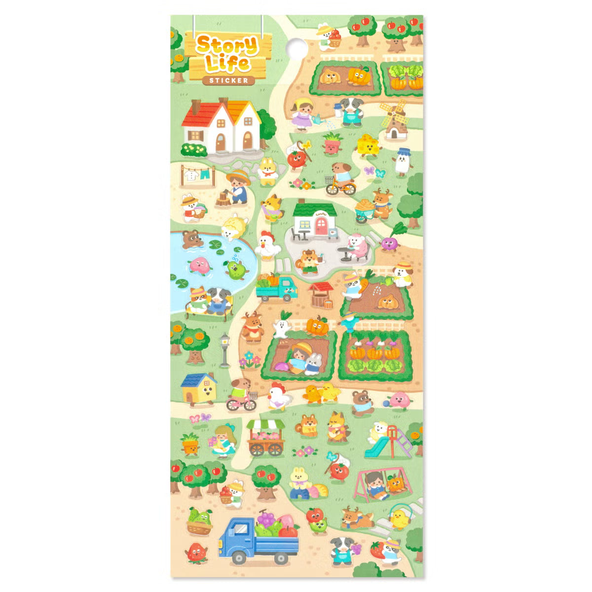 A sticker sheet that depicts the small chores of everyday life that goes on in a bustling village in the morning. The plump form and childlike humorous expression will make you feel like you've stepped into the world of a game, a bright and colorful addition to your pages.
