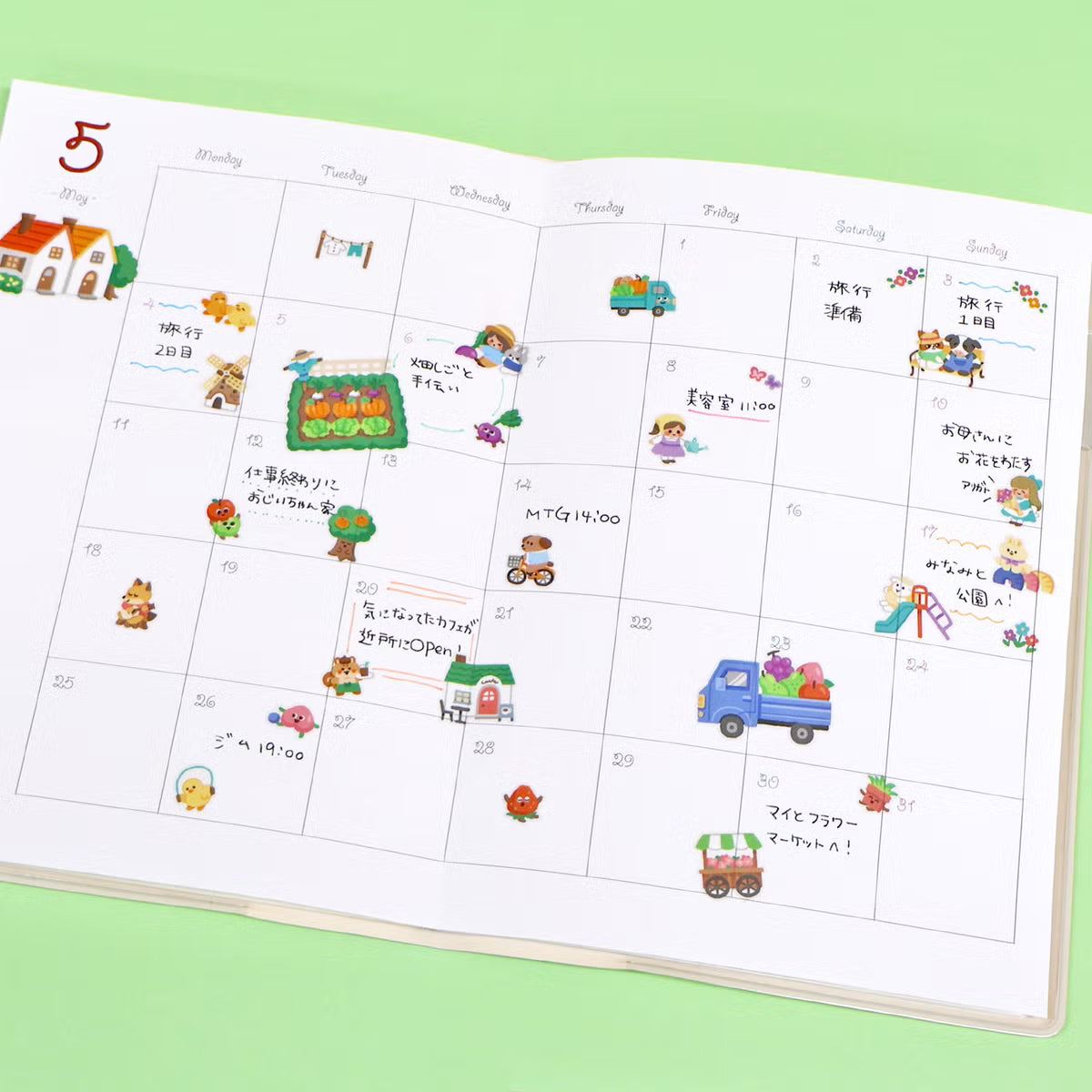 A sticker sheet that depicts the small chores of everyday life that goes on in a bustling village in the morning. The plump form and childlike humorous expression will make you feel like you've stepped into the world of a game, a bright and colorful addition to your pages.