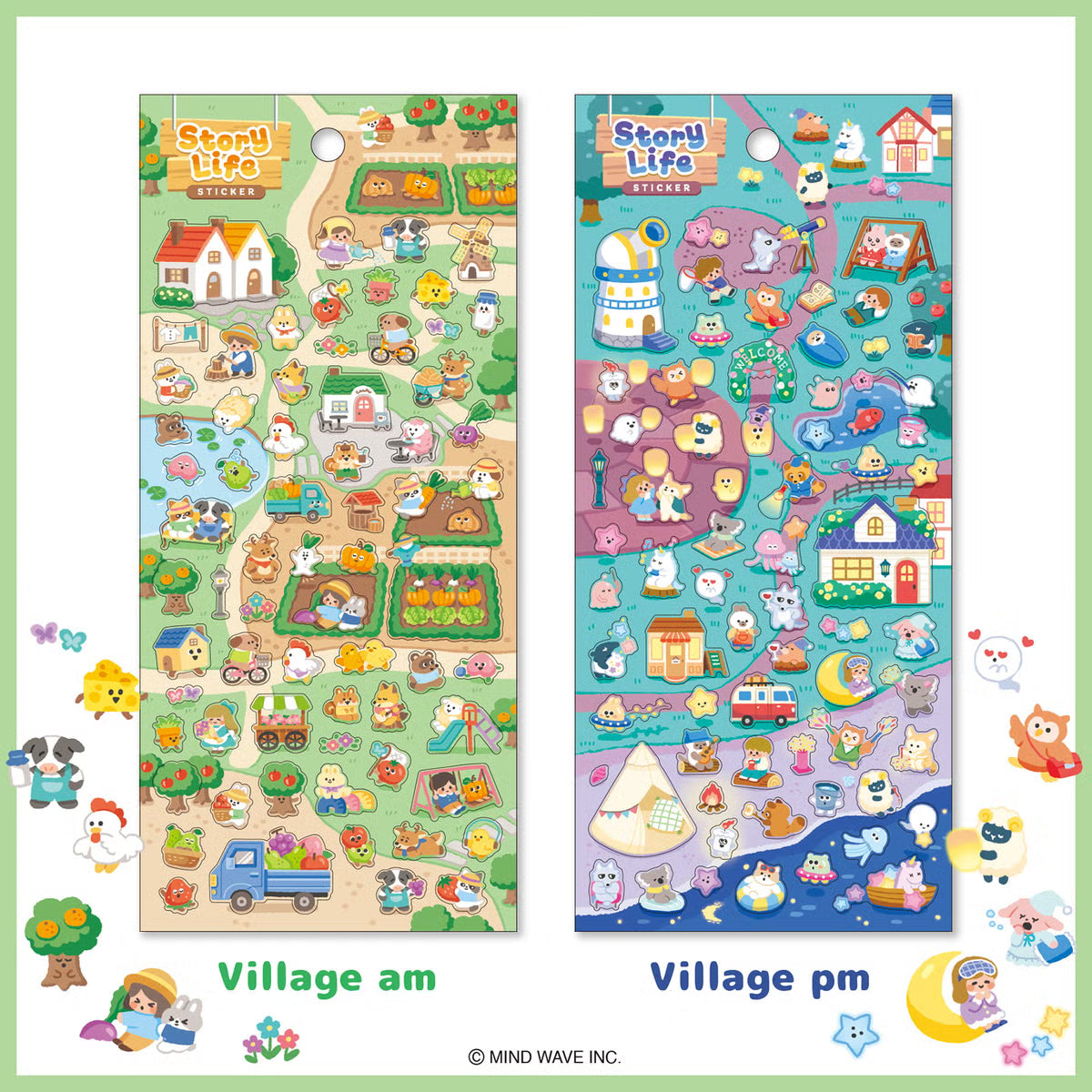 A sticker sheet that depicts the small chores of everyday life that goes on in a bustling village in the evening. The plump form and childlike humorous expression will make you feel like you've stepped into the world of a game, a bright and colorful addition to your pages.
• This package includes 1 sheet of sticker
• Material: Transparent PET
• Package measures approx. 8" x 3.5"
• Made in Japan
