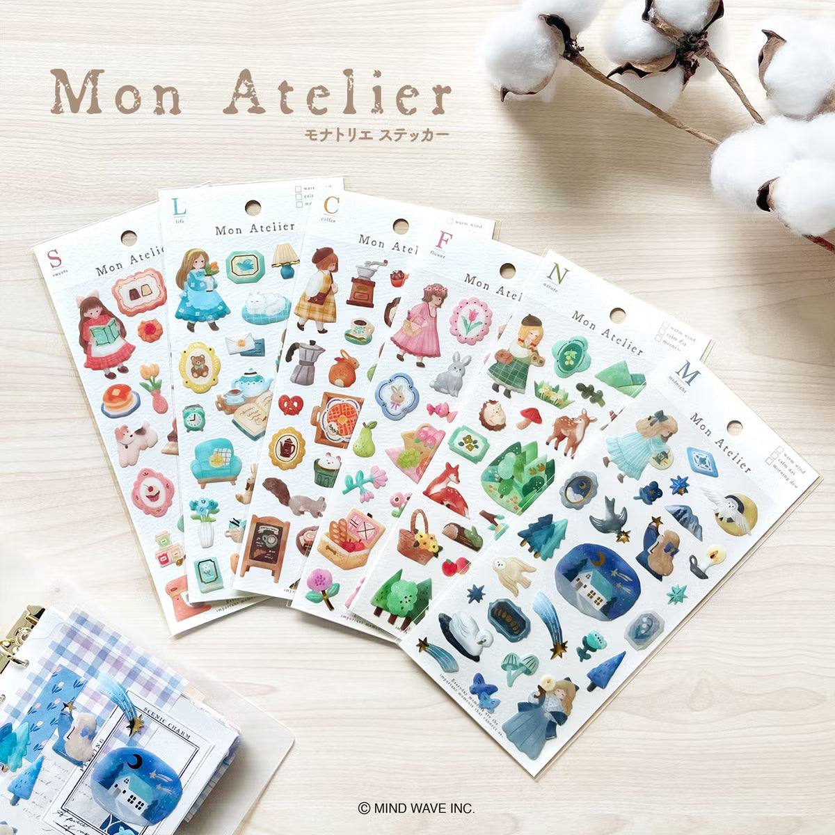 A small three-dimensional sticker is now available! This collection of Mon Atelier sticker sheets has 6 different variations to cover all your favorite things!
You can enjoy these cozy puffy stickers with gold accents anywhere. Use these stickers on your planner, cards, photo album, frames, gift wrap, stationery, scrapbook pages, calendars and more.
Includes ONE sticker sheet.