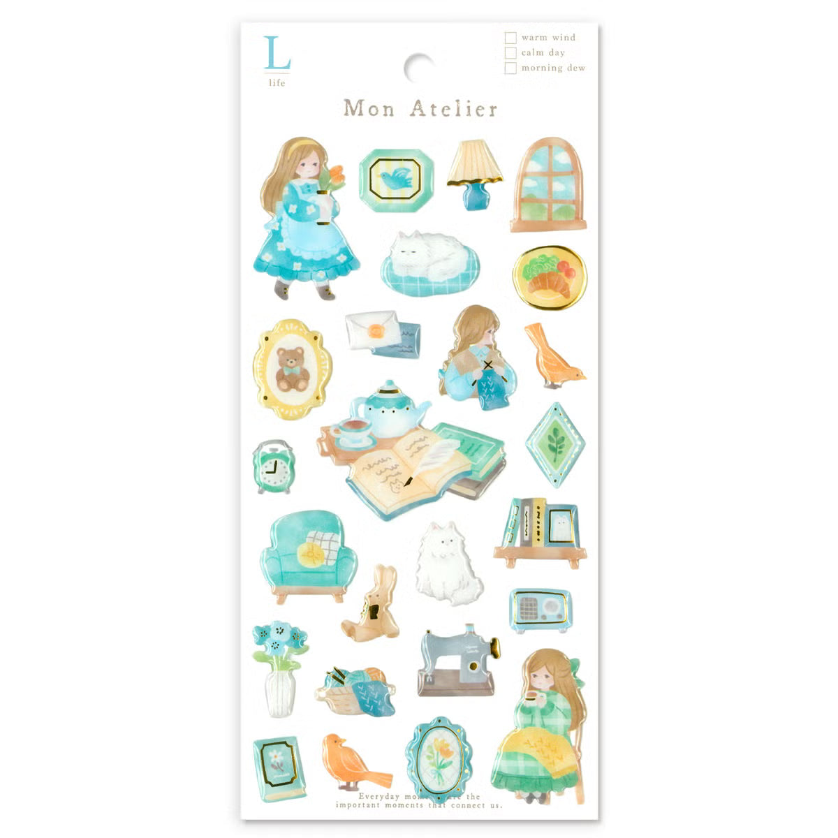 A small three-dimensional sticker is now available! This collection of Mon Atelier sticker sheets has 6 different variations to cover all your favorite things!
You can enjoy these cozy puffy stickers with gold accents anywhere. Use these stickers on your planner, cards, photo album, frames, gift wrap, stationery, scrapbook pages, calendars and more.
Includes ONE sticker sheet.