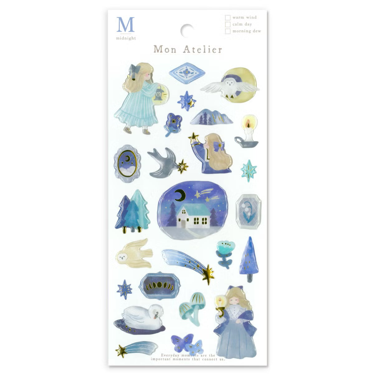A small three-dimensional sticker is now available! This collection of Mon Atelier sticker sheets has 6 different variations to cover all your favorite things!
You can enjoy these cozy puffy stickers with gold accents anywhere. Use these stickers on your planner, cards, photo album, frames, gift wrap, stationery, scrapbook pages, calendars and more.
Includes ONE sticker sheet.