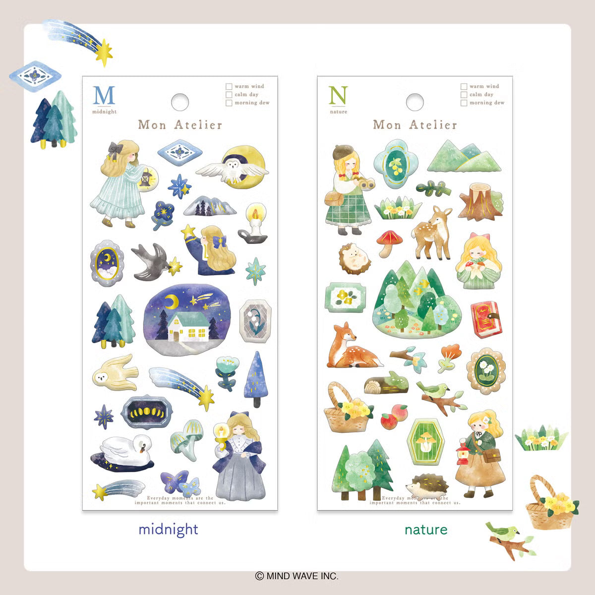 A small three-dimensional sticker is now available! This collection of Mon Atelier sticker sheets has 6 different variations to cover all your favorite things!
You can enjoy these cozy puffy stickers with gold accents anywhere. Use these stickers on your planner, cards, photo album, frames, gift wrap, stationery, scrapbook pages, calendars and more.
Includes ONE sticker sheet.