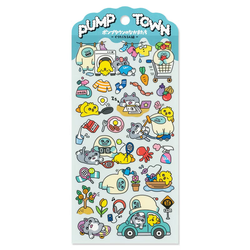 The daily lives of creatures living in the always fun 'Pump Town' are now available as stickers! Whether you're excited or lazy, it's a town where you can do anything. These stickers are perfect for journaling, scrapbooking, and marking your calendar.
• This package includes 1 sheet of sticker
• Material: PET Tape
• Package measures approx. 8" x 3.5"
• Made in Japan
