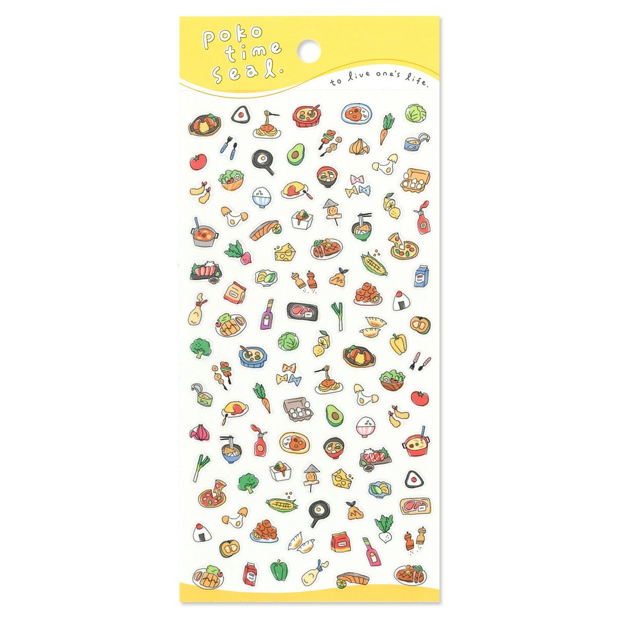 Sheet of colorful food-themed stickers with a yellow border and 'Poko Time Seal' branding.
