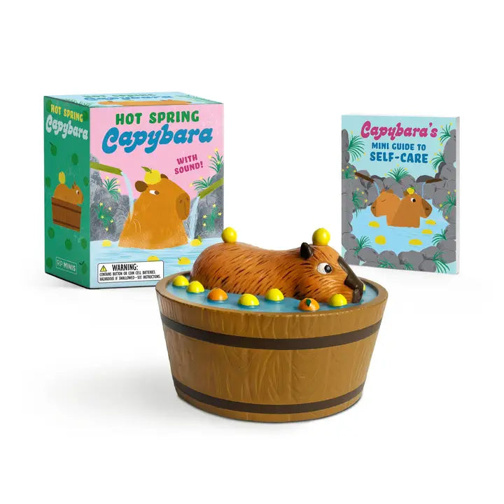 Enjoy a quiet moment with this one-of-kind palm-sized capybara collectible! One-of-a-kind collectible:
A 2-3/4inch tall collectible of hot spring tub with an adorable capybara inside
With relaxing sounds: Enjoy soothing hot spring sounds when the capybara is pushed down into its tub
Mini book included: Learn more about this water loving rodent in the 32-page, 2-1/2x 3inch mini book
A Unique Gift: A perfect humorous gift for those who love capybaras Includes button cell batteries.