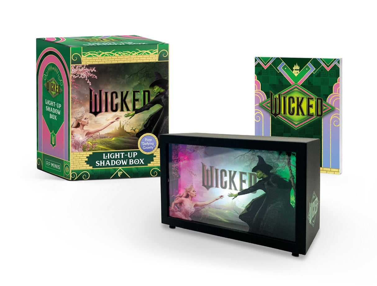 Mini Wicked: Light-Up Shadow Box
Defy Gravity with this officially licensed Wicked mini shadow box that brings the gorgeous film poster to life, perfect to display your love for the musical anywhere!
Specifications:
Includes a 3-inch shadow box of the Wicked film poster artwork and an enclosed book
With Light And Sound: The shadow box lights up to display the artwork and plays a clip of Defying Gravity, the popular song from the movie musical with Glinda's and Elphaba's vocals
Book Included: Set al