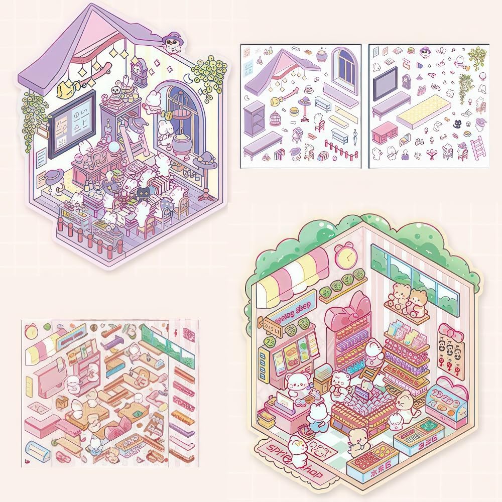 Unleash your creativity with these 3D scene stickers! Perfect for kids and adults, you can design your own miniature house scenes with six unique backgrounds and stickers. Enjoy hours of imaginative fun while enhancing creativity as you bring your dream cabin to life.
This set provides 12 sheets of PET stickers to decorate 6 different scene cards.