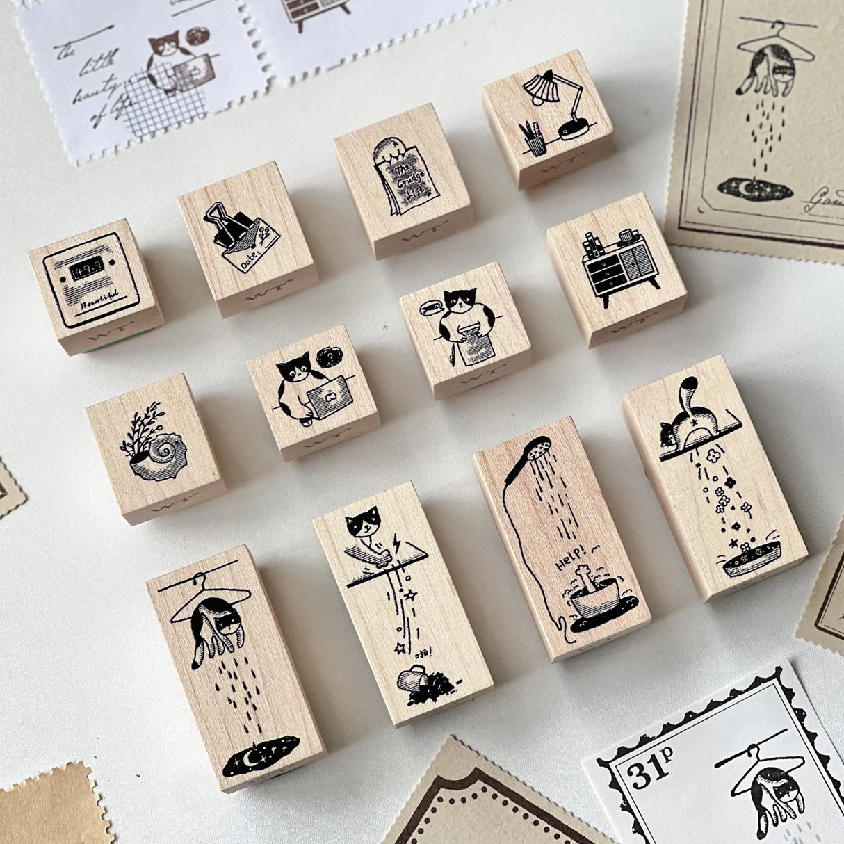 Meet the cat who makes Mondays magical. Our Mischievous Cat Stamp Set illustrates her morning routine—from coffee cup mischief to dramatic stretches and playful distractions. She’s cute, a little chaotic, and endlessly relatable. Use these stamps to decorate your spreads and give your week a lighthearted, whimsical start.
Easy to clean with ordinary alcohol wipe, alcohol gel, or special seal cleaner.
Brand: WT (The Washi Tape Shop)
Box size: 10cm × 10cm × 3.5cm
Stamp size:
22mm x 20mm x 4 pieces
22mm x 24