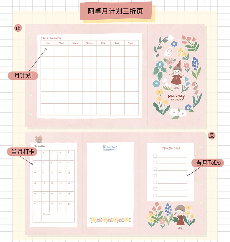 Molinta - Monthly Plan M5 Tri-Fold Pages
Plan out your month with a full, undated monthly layout including a tracker for habits, a monthly review, and a to do list!
Specifications: 183mmx105mm
Material: 120g white craft
Number of pages: 10