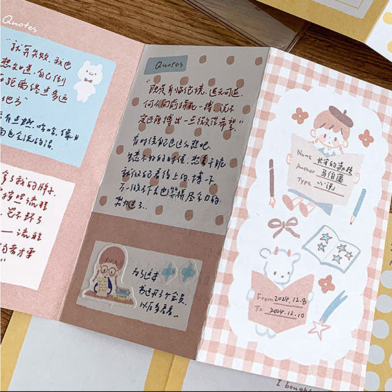 Molinta - Reads M5 Tri-Fold Pages
Track the progress of all your books and readings by documenting your favorite quotes and writing down reviews!
Specifications: 183mmx105mm
Material: 120g white craft
Number of pages: 10