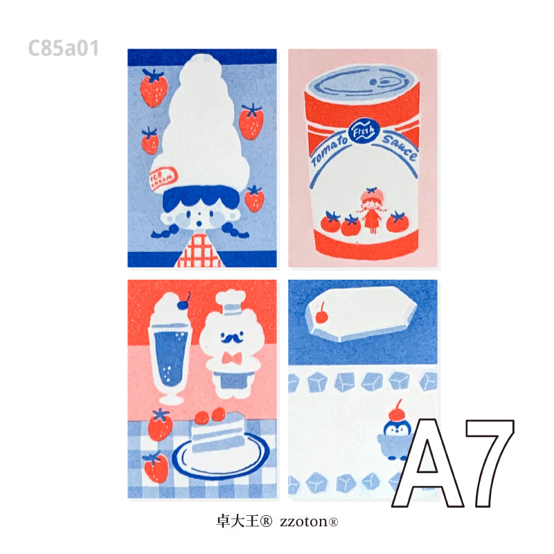 Molinta - Red and Blue A7 Memo Pad
This includes 4 different designs that were created through a risograph printing process to achieve a nostalgic feel. The colors vary in depth, and the images on each sheet will have slight color registration deviations which is the unique feature of RISO printing.
Specifications: 80mmx120mm
Material: 100g cotton paper
Number of pages: 16