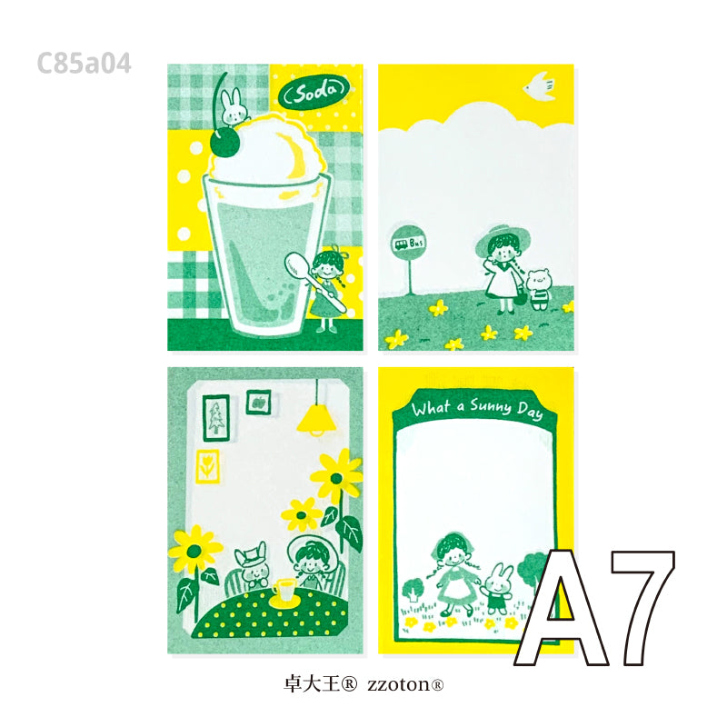 Molinta - Yellow and Green A7 Memo Pad
This includes 4 different designs that were created through a risograph printing process to achieve a nostalgic feel. The colors vary in depth, and the images on each sheet will have slight color registration deviations which is the unique feature of RISO printing.
Specifications: 80mmx120mm
Material: 100g cotton paper
Number of pages: 16